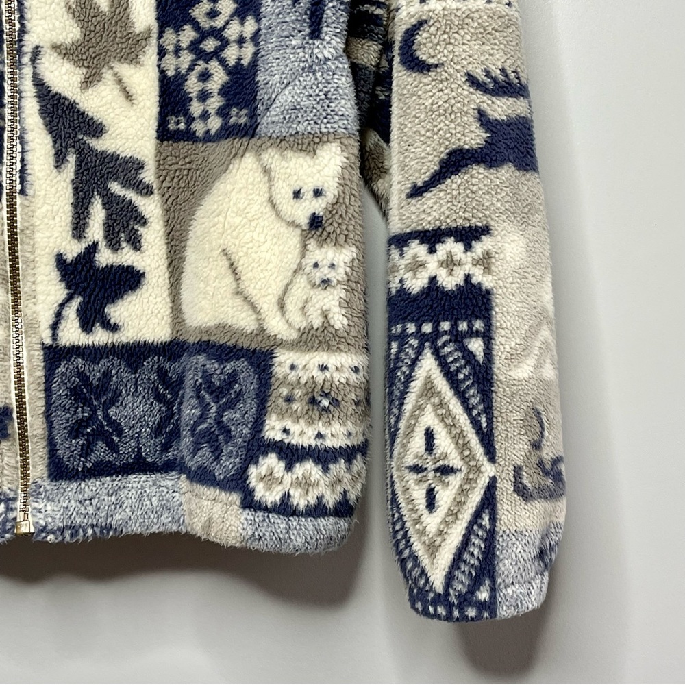 Vintage 90s Northern Teddy Sherpa Fleece Zip Up Print Sweater Jacket L - Picture 3 of 6